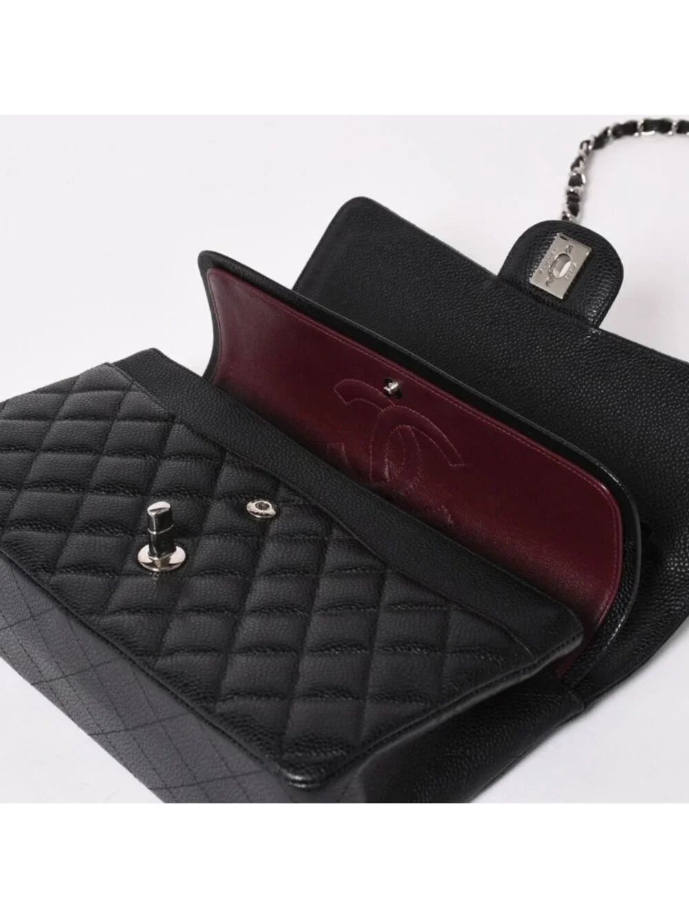 Chanel Quilted 25 Double Flap Chain Shoulder Bag CC Logo Caviar Leather Black